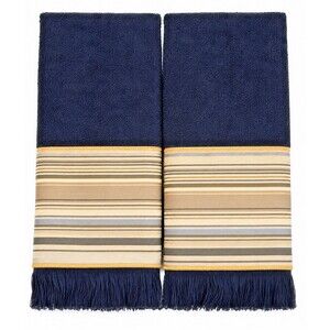 Avanti Fingertip Towels Satin Striped Embroidered Set of 2 Navy for Bathroom